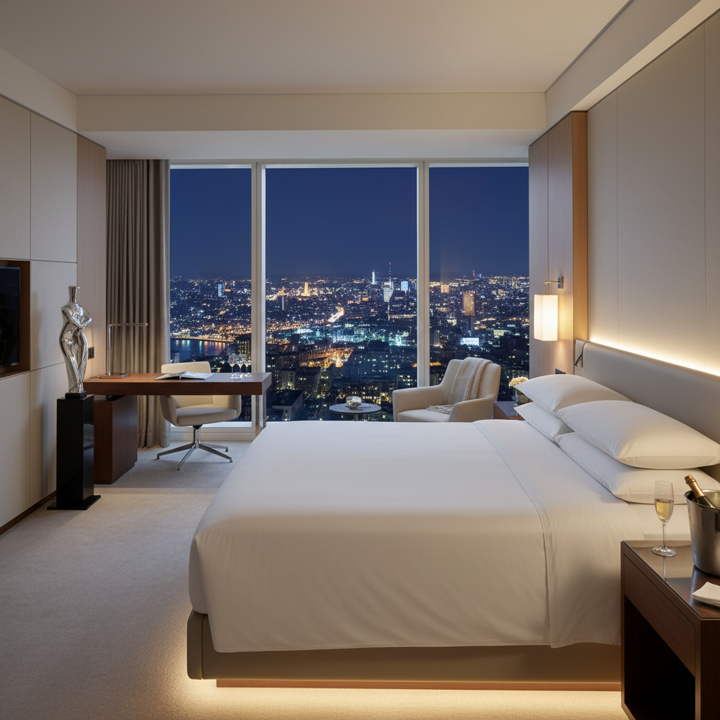A luxurious hotel suite with a floor-to-ceiling window overlooking a glowing city skyline at night, featuring a king-sized bed with crisp white linens and elegant minimalist interior design.