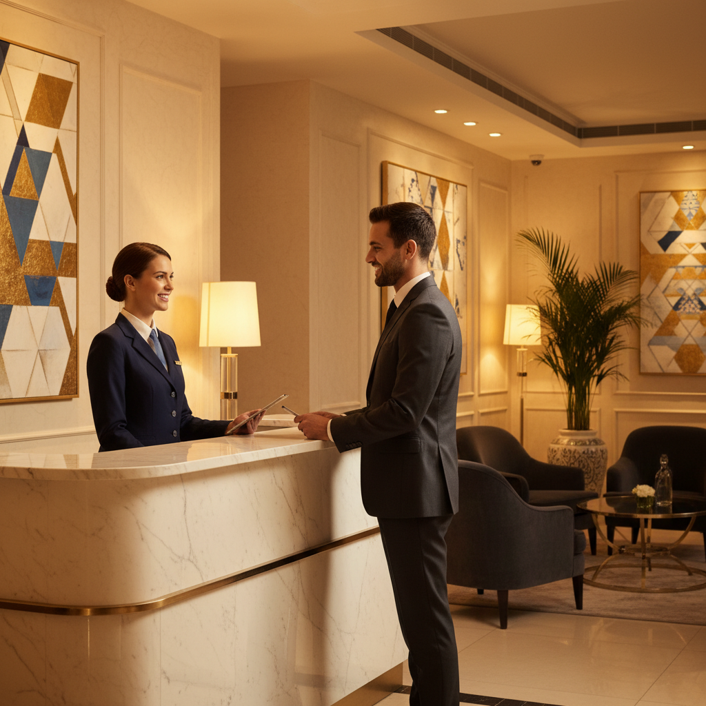 A modern hotel lobby with a professional receptionist smiling at a guest, featuring a sleek marble check-in counter and warm ambient lighting in a high-end boutique setting.