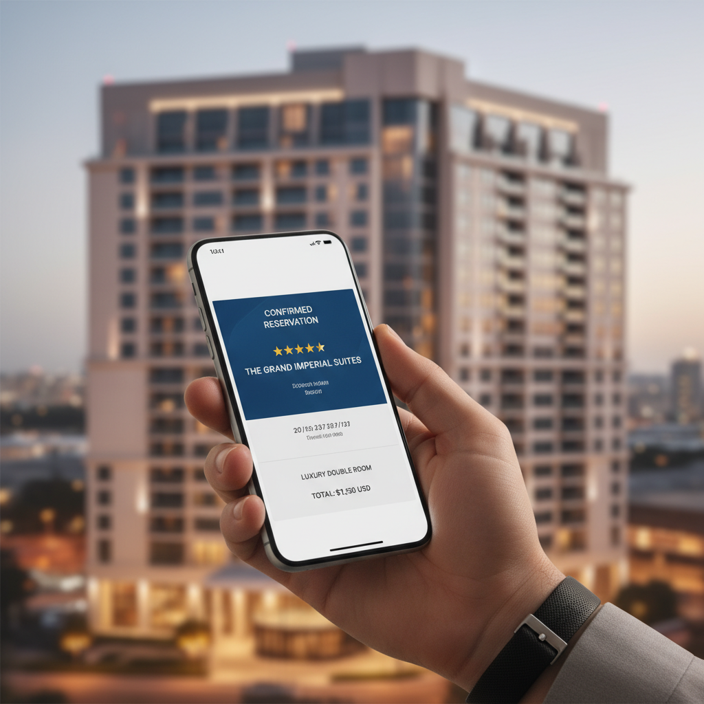 A close-up shot of a hand holding a high-end smartphone displaying a hotel booking confirmation screen, with a blurred five-star hotel building in the background.