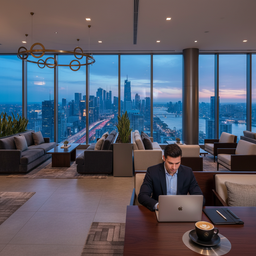 A high-end business lounge in a luxury hotel with a person working on a laptop, a designer coffee cup on the side, and a panoramic view of a bustling metropolis through large glass walls.